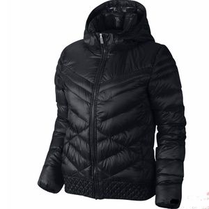Nike Black Cascade Tech Goose Down Puffer Removable Hood Jacket Womens Small NEW